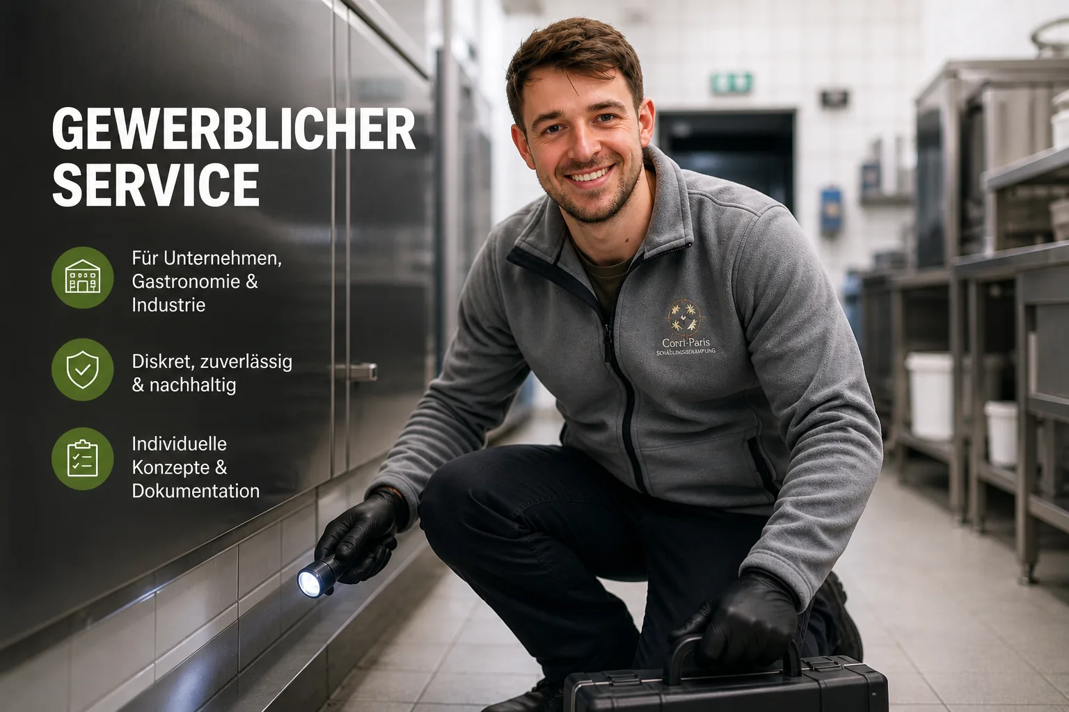 ComPass Techniker bei gewerblicher Schädlingsbekämpfung in der Gastronomie
