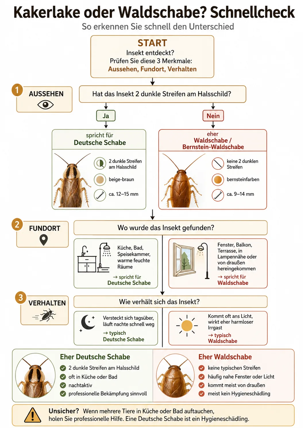 Kakerlake oder Waldschabe Bestimmung Flowchart Entscheidungshilfe