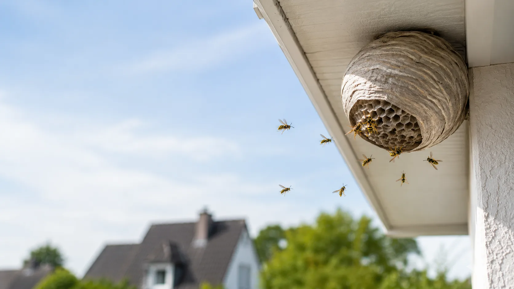 Wespennest unter Dachvorsprung an einem Wohnhaus – typischer Nistplatz im Sommer